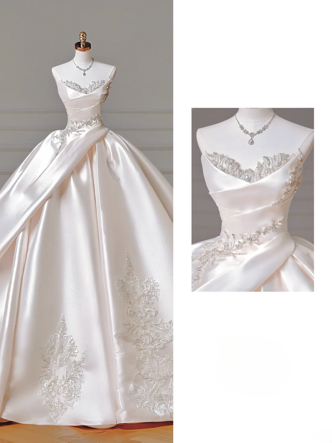 Prinzessinnen-Brautkleid, langes Ballkleid, herzförmig, plissiert, Satin, mit Perlen, weißes Brautkleid AQ016