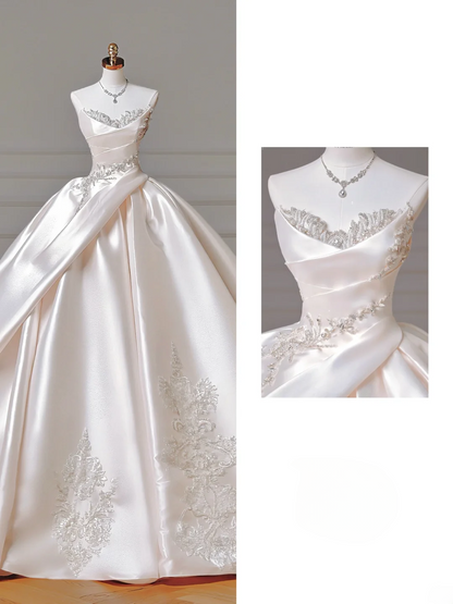 Prinzessinnen-Brautkleid, langes Ballkleid, herzförmig, plissiert, Satin, mit Perlen, weißes Brautkleid AQ016