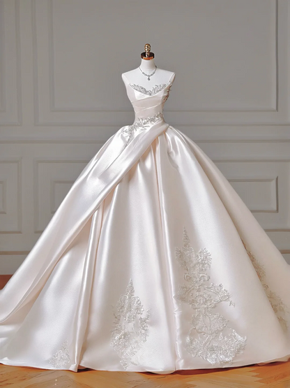 Prinzessinnen-Brautkleid, langes Ballkleid, herzförmig, plissiert, Satin, mit Perlen, weißes Brautkleid AQ016