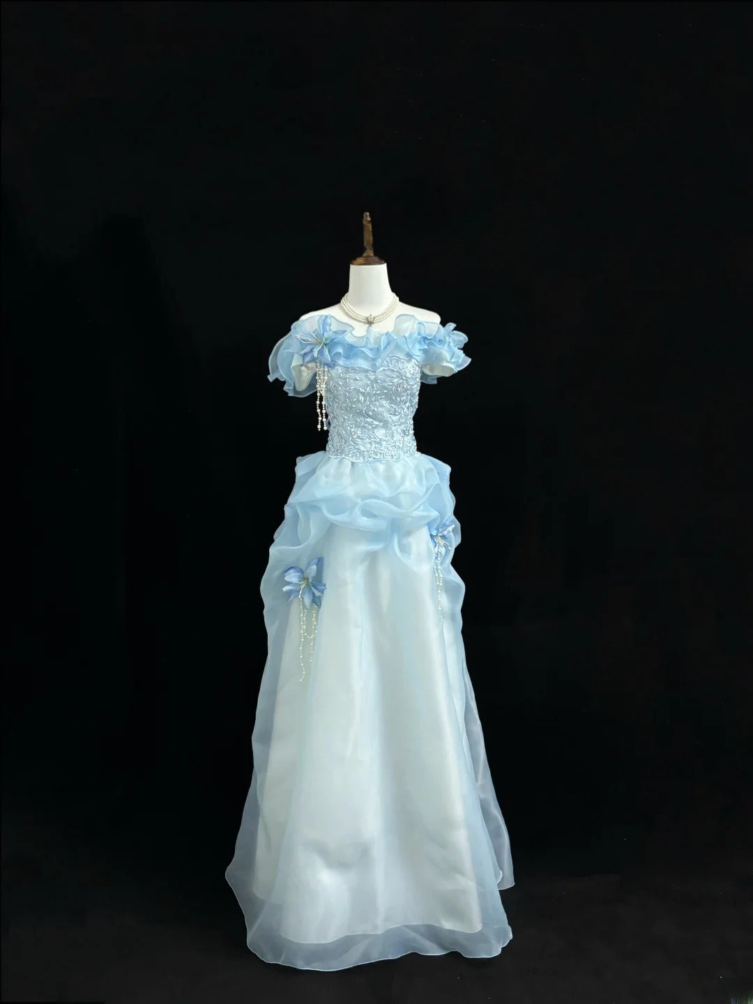 Fairytale Prom Dresses Ball Gown Off The Shoulder Blue With Lace Organza Evening Long Formal Dress RB7390