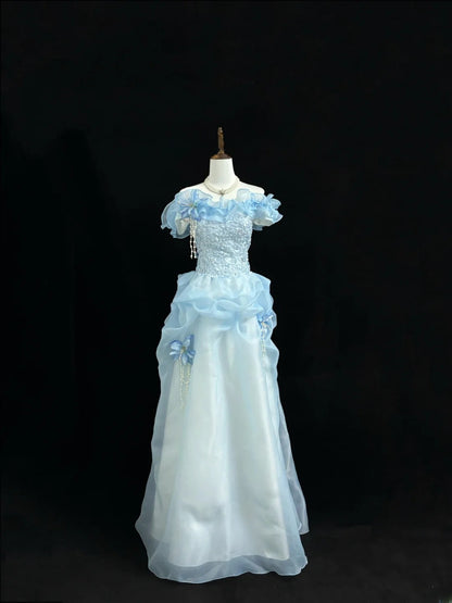 Fairytale Prom Dresses Ball Gown Off The Shoulder Blue With Lace Organza Evening Long Formal Dress RB7390