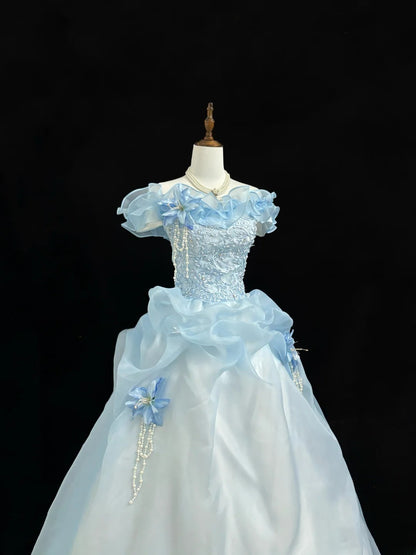 Fairytale Prom Dresses Ball Gown Off The Shoulder Blue With Lace Organza Evening Long Formal Dress RB7390