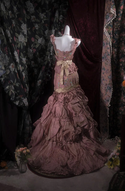 Elegant Mermaid Square Neck Pink With Tiered Long Prom Dresses Formal Outfit Evening Night Dress RB8041
