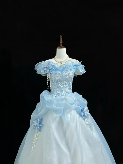 Fairytale Prom Dresses Ball Gown Off The Shoulder Blue With Lace Organza Evening Long Formal Dress RB7390