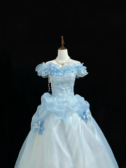 Fairytale Prom Dresses Ball Gown Off The Shoulder Blue With Lace Organza Evening Long Formal Dress RB7390