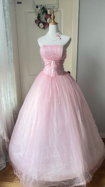 Sweet 16 Kleid, lang, trägerlos, Tüll, Rosa, bodenlanges Ballkleid, Sweet Sixteen Geburtstagskleid RC0387