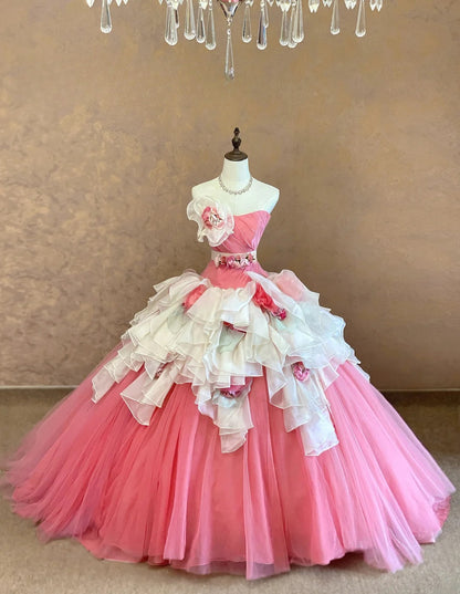 Glam Ball Gown Strapless Pink Quinceanera Dresses For Sweet 15 15 Anos Celebration Birthday Gown RB9013