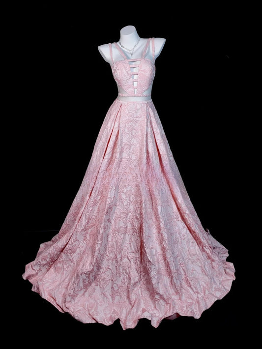 Rosafarbenes A-Linien-Abschlussballkleid mit Trägern, Satin und Spitze, schlicht, bodenlang, formelles Abendkleid RB9823