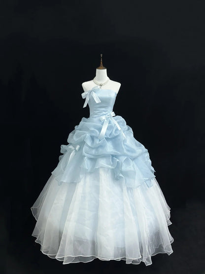 Fairytale Prom Dresses Ball Gown Strapless Light Blue With Bow Organza Evening Long Formal Dress RB7391