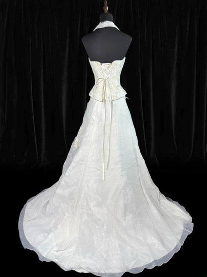 Brautkleid trägerlos, tiefe Taille, 1950er/1940er Jahre, zweiteilig, Ballkleid mit Neckholder, Tüll mit Applikationen, weiß, in Petite/Plus Size, für Damen AS017