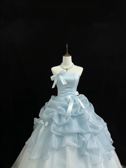 Fairytale Prom Dresses Ball Gown Strapless Light Blue With Bow Organza Evening Long Formal Dress RB7391