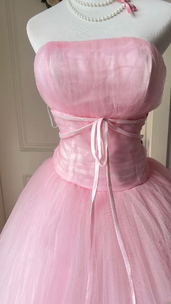 Sweet 16 Kleid, lang, trägerlos, Tüll, Rosa, bodenlanges Ballkleid, Sweet Sixteen Geburtstagskleid RC0387