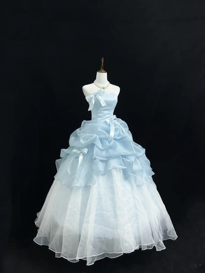 Fairytale Prom Dresses Ball Gown Strapless Light Blue With Bow Organza Evening Long Formal Dress RB7391
