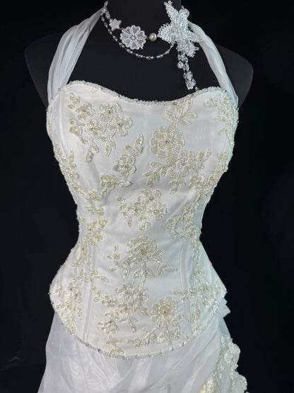 Brautkleid trägerlos, tiefe Taille, 1950er/1940er Jahre, zweiteilig, Ballkleid mit Neckholder, Tüll mit Applikationen, weiß, in Petite/Plus Size, für Damen AS017