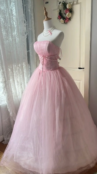 Sweet 16 Kleid, lang, trägerlos, Tüll, Rosa, bodenlanges Ballkleid, Sweet Sixteen Geburtstagskleid RC0387