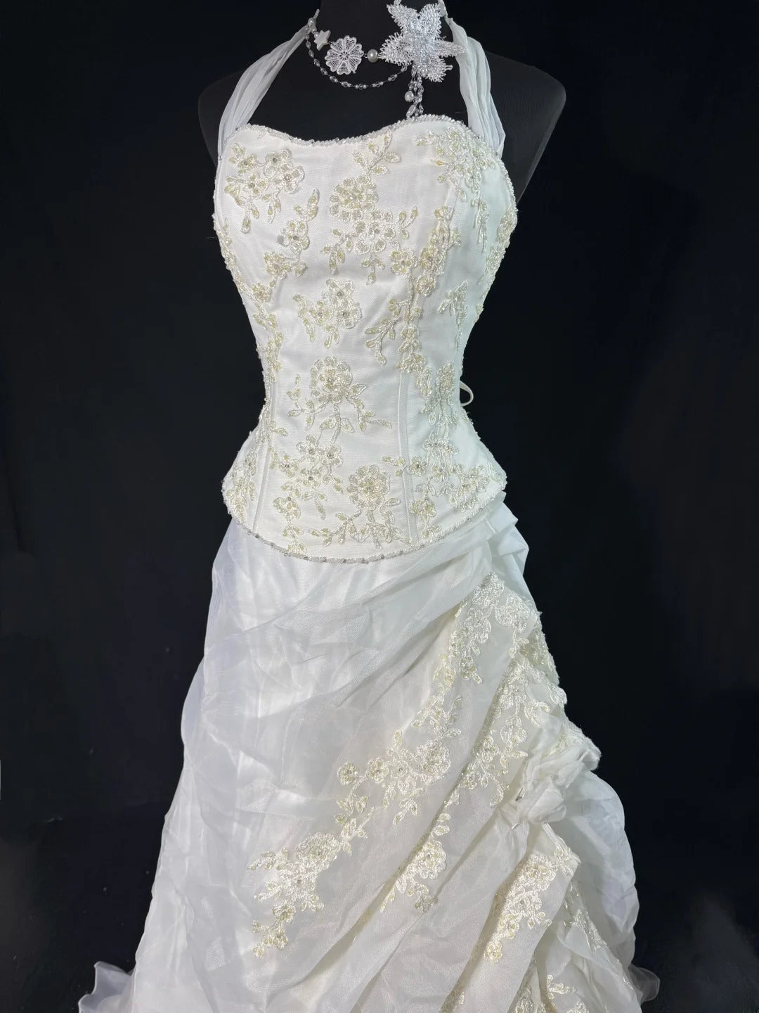 Brautkleid trägerlos, tiefe Taille, 1950er/1940er Jahre, zweiteilig, Ballkleid mit Neckholder, Tüll mit Applikationen, weiß, in Petite/Plus Size, für Damen AS017