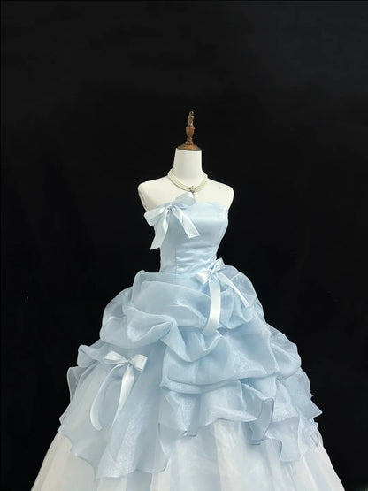 Fairytale Prom Dresses Ball Gown Strapless Light Blue With Bow Organza Evening Long Formal Dress RB7391