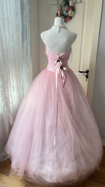 Sweet 16 Kleid, lang, trägerlos, Tüll, Rosa, bodenlanges Ballkleid, Sweet Sixteen Geburtstagskleid RC0387
