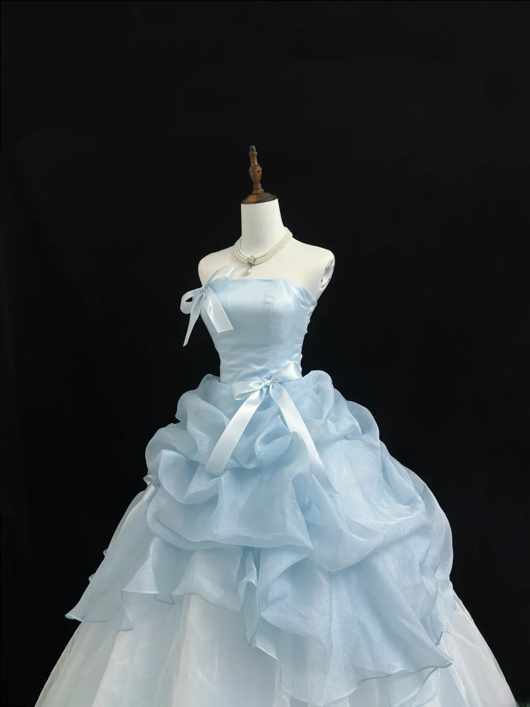 Fairytale Prom Dresses Ball Gown Strapless Light Blue With Bow Organza Evening Long Formal Dress RB7391