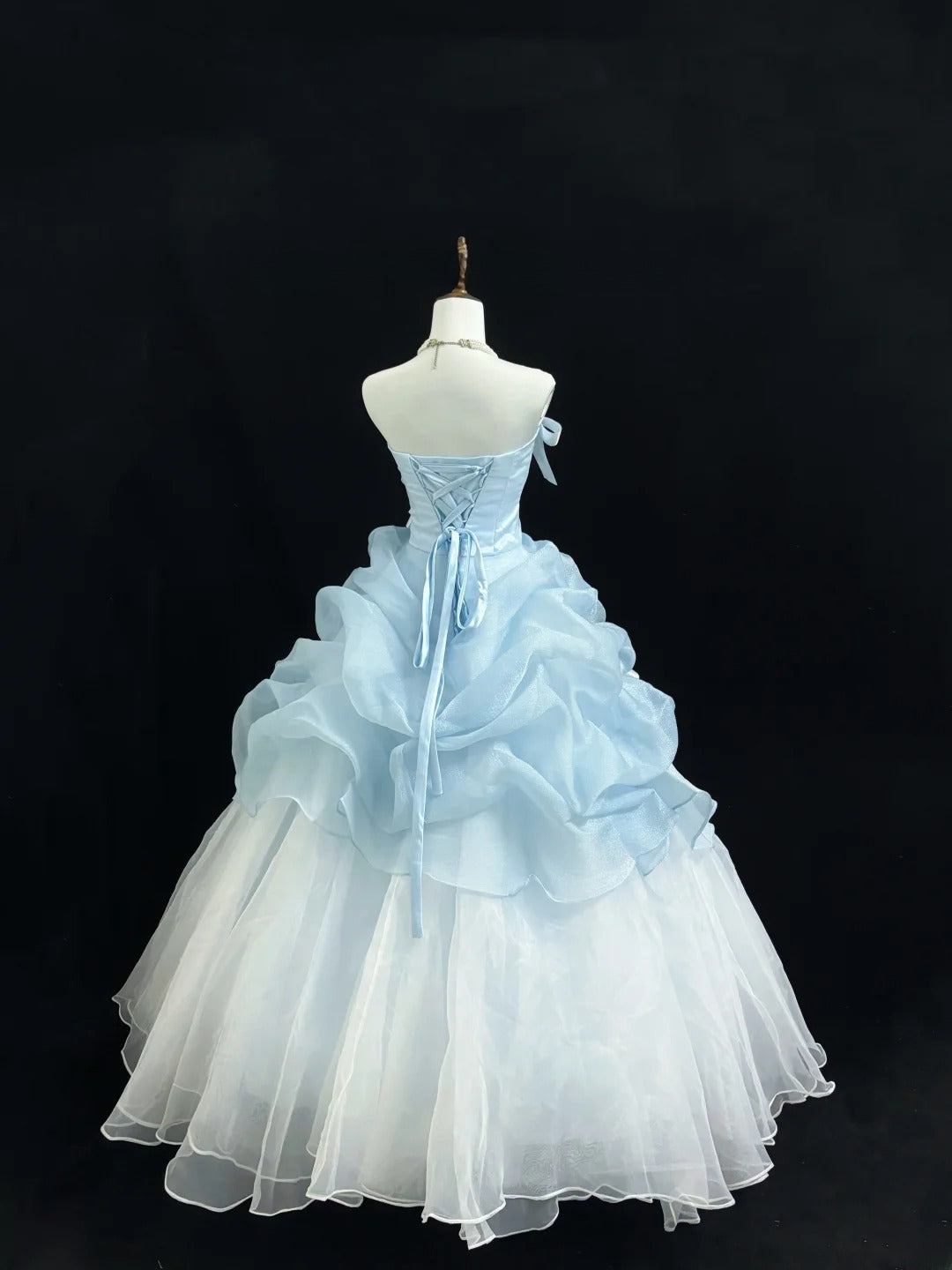 Fairytale Prom Dresses Ball Gown Strapless Light Blue With Bow Organza Evening Long Formal Dress RB7391