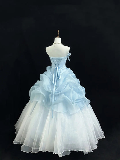 Fairytale Prom Dresses Ball Gown Strapless Light Blue With Bow Organza Evening Long Formal Dress RB7391