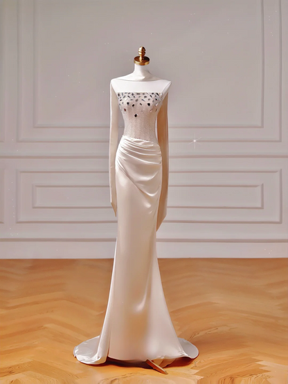 Elegantes, ästhetisches Meerjungfrauen-Kleid aus trägerlosem, rosafarbenem Satin mit plissiertem Schal – ein beeindruckendes, langes Partykleid für Teenager und Schülerinnen (AQ018).