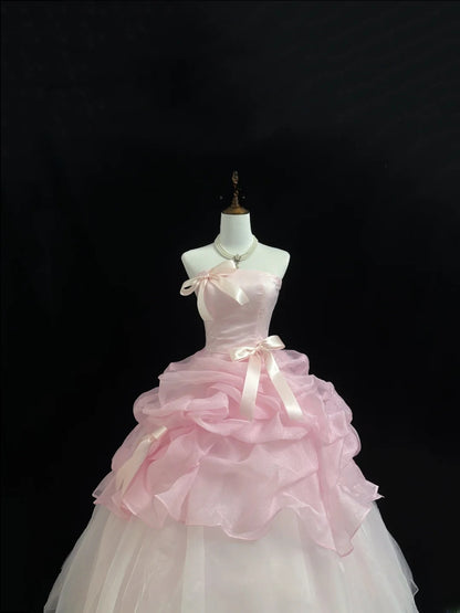 Fairytale Prom Dresses Ball Gown Strapless Pink With Bow Organza Evening Long Formal Dress RB7392