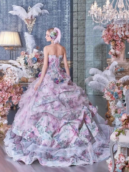 Princesses Fairytale Ball Gown Strapless Lilac Floral Tulle With 3D Flowers Long Quince Dress Quinceanera Dresses Formal Birthday Outfits RB8043