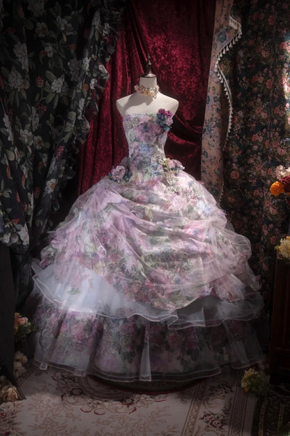 Princesses Fairytale Ball Gown Strapless Lilac Floral Tulle With 3D Flowers Long Quince Dress Quinceanera Dresses Formal Birthday Outfits RB8043