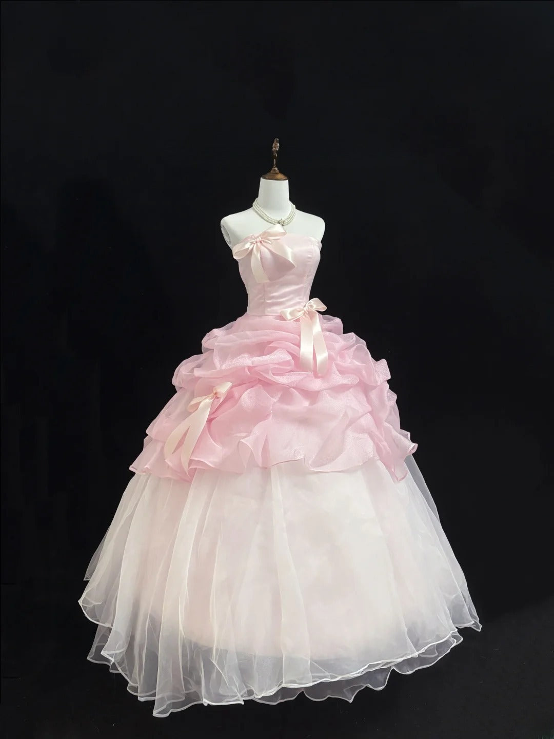 Fairytale Prom Dresses Ball Gown Strapless Pink With Bow Organza Evening Long Formal Dress RB7392