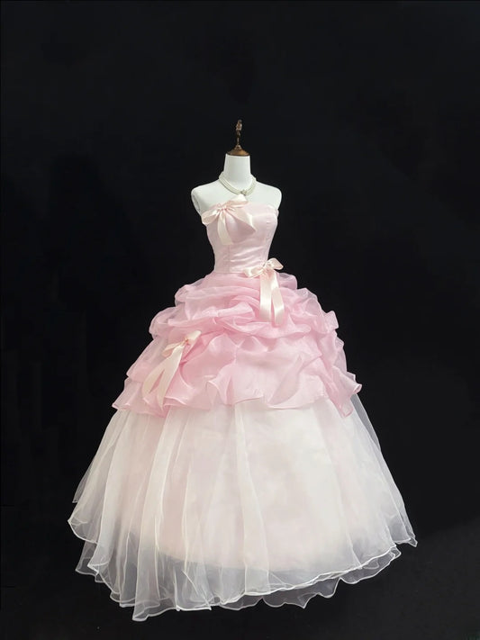Fairytale Prom Dresses Ball Gown Strapless Pink With Bow Organza Evening Long Formal Dress RB7392