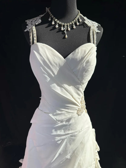Robe de mariée vaporeuse, robe de mariée trapèze à bretelles spaghetti, satin blanc, tailles petites et grandes, ornée de perles, AS018
