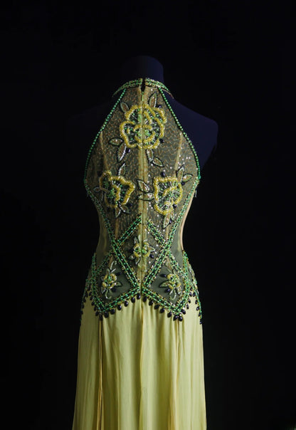 Vintage-Abendkleider im Stil der 90er Jahre, formell, A-Linie, hochgeschlossen, grüner Chiffon mit Perlenstickerei, lange Partykleider, Ballkleider AS018