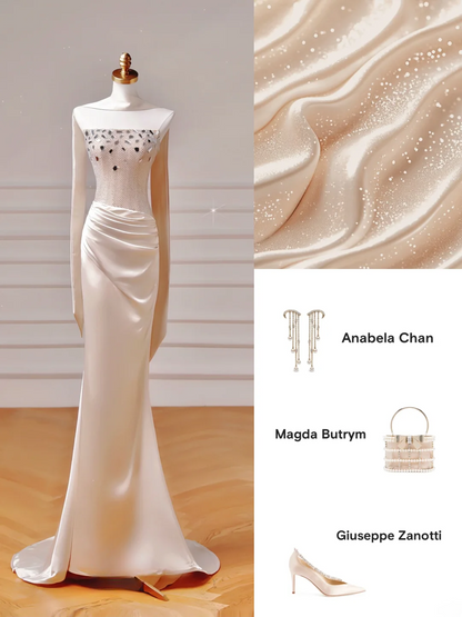 Elegantes, ästhetisches Meerjungfrauen-Kleid aus trägerlosem, rosafarbenem Satin mit plissiertem Schal – ein beeindruckendes, langes Partykleid für Teenager und Schülerinnen (AQ018).