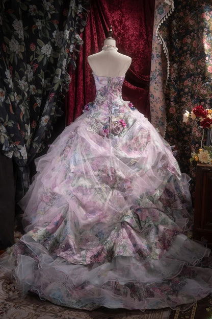 Princesses Fairytale Ball Gown Strapless Lilac Floral Tulle With 3D Flowers Long Quince Dress Quinceanera Dresses Formal Birthday Outfits RB8043