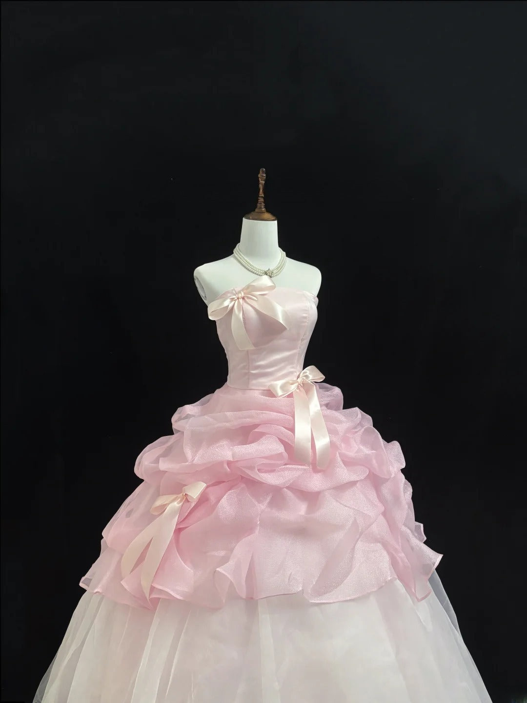 Fairytale Prom Dresses Ball Gown Strapless Pink With Bow Organza Evening Long Formal Dress RB7392