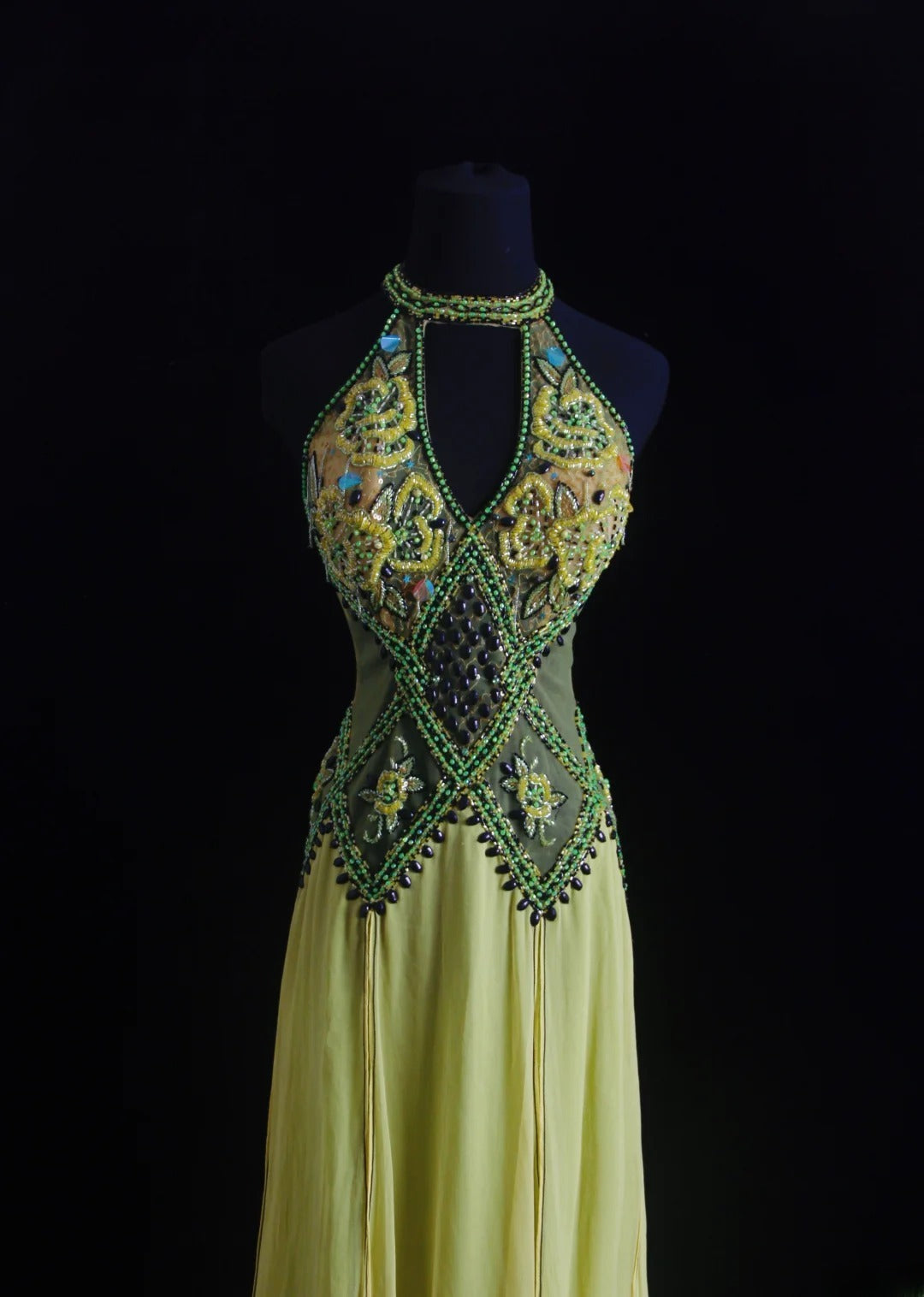 Vintage-Abendkleider im Stil der 90er Jahre, formell, A-Linie, hochgeschlossen, grüner Chiffon mit Perlenstickerei, lange Partykleider, Ballkleider AS018