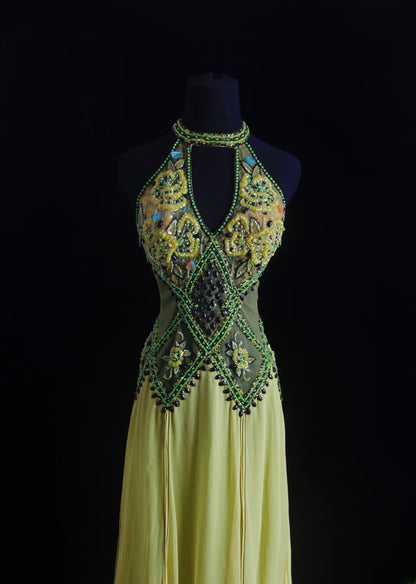 Vintage-Abendkleider im Stil der 90er Jahre, formell, A-Linie, hochgeschlossen, grüner Chiffon mit Perlenstickerei, lange Partykleider, Ballkleider AS018