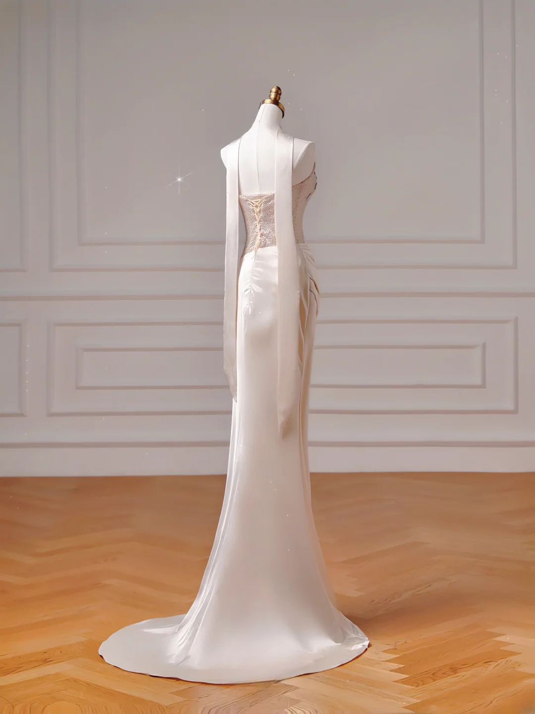 Elegantes, ästhetisches Meerjungfrauen-Kleid aus trägerlosem, rosafarbenem Satin mit plissiertem Schal – ein beeindruckendes, langes Partykleid für Teenager und Schülerinnen (AQ018).
