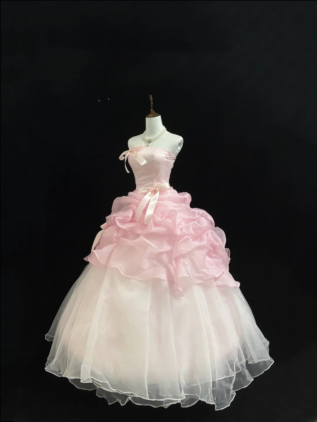 Fairytale Prom Dresses Ball Gown Strapless Pink With Bow Organza Evening Long Formal Dress RB7392