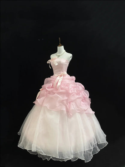 Fairytale Prom Dresses Ball Gown Strapless Pink With Bow Organza Evening Long Formal Dress RB7392