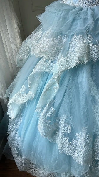Sweet 15 Quinceanera Dress Ball Gown Spaghetti Straps Blue With Tiered Layers Long 15th Birthday Gown RC0388