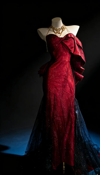 Einzigartiges Meerjungfrauen-Abendkleid aus burgunderrotem Satin mit schwarzem Tüll-Oberteil für Damen, langes Ballkleid, 20. Geburtstagskleid AS018