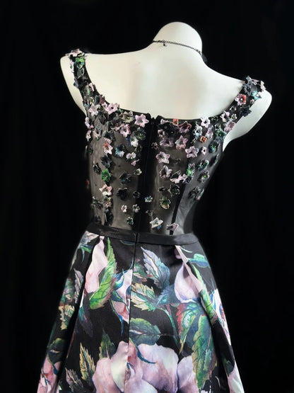 Refined Prom Dresses A line Square Neck Floral Satin With Flowers Evening Dress Formal Outfits RB5828
