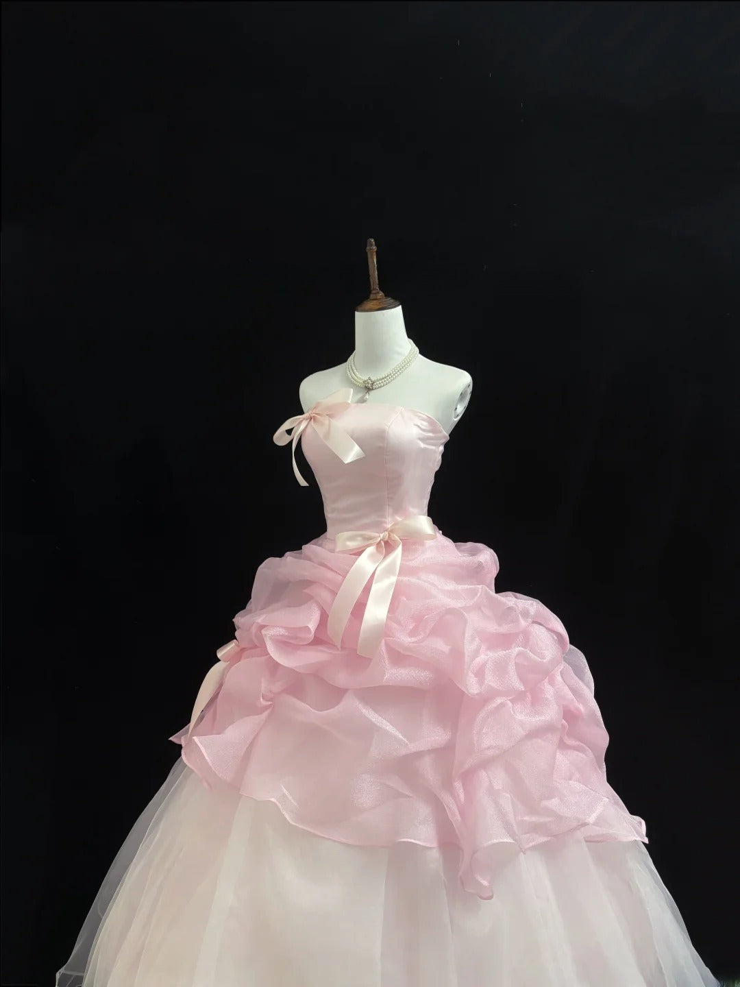 Fairytale Prom Dresses Ball Gown Strapless Pink With Bow Organza Evening Long Formal Dress RB7392