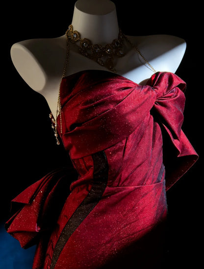 Einzigartiges Meerjungfrauen-Abendkleid aus burgunderrotem Satin mit schwarzem Tüll-Oberteil für Damen, langes Ballkleid, 20. Geburtstagskleid AS018