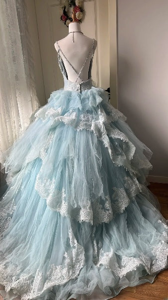 Sweet 15 Quinceanera Dress Ball Gown Spaghetti Straps Blue With Tiered Layers Long 15th Birthday Gown RC0388