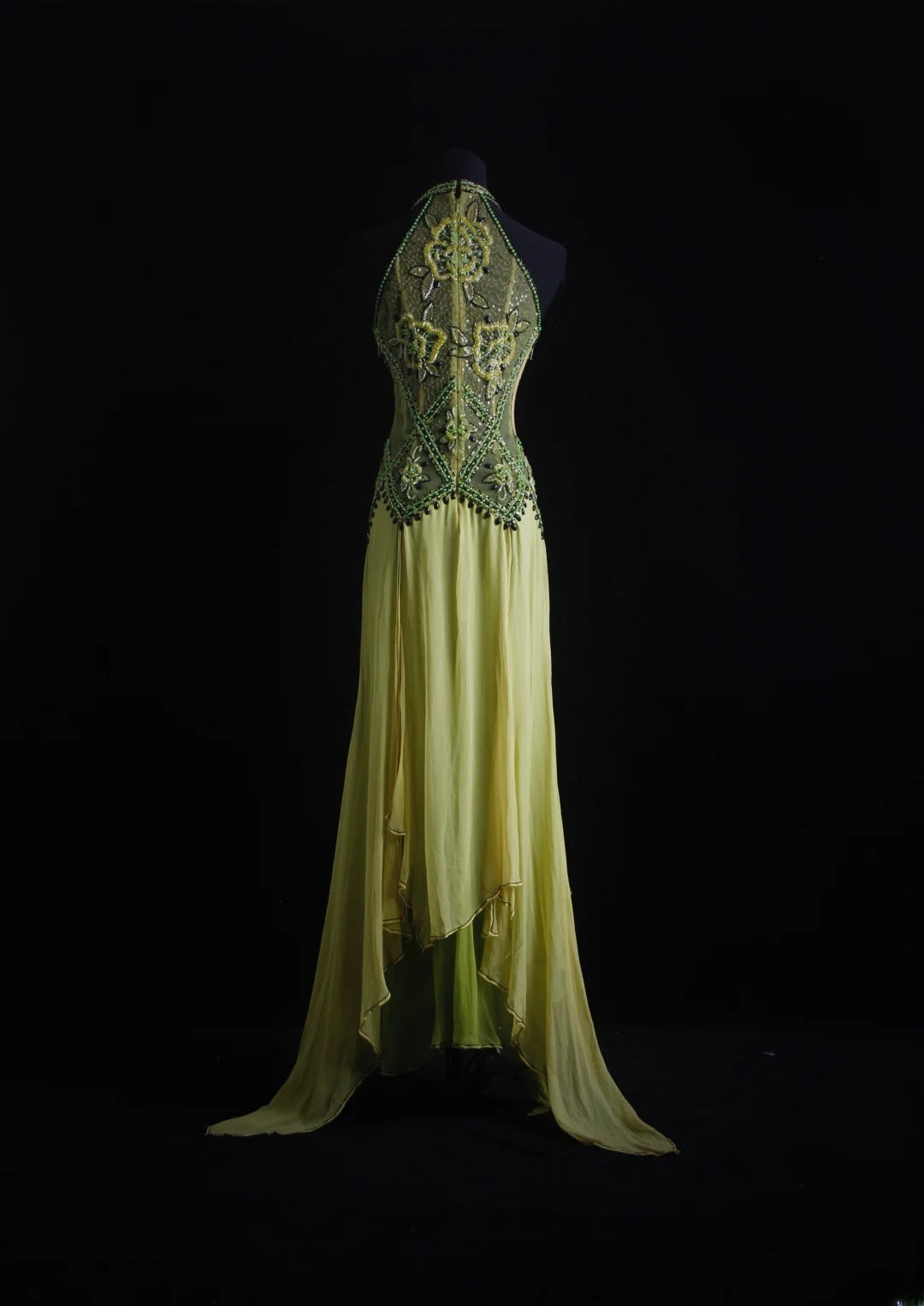 Vintage-Abendkleider im Stil der 90er Jahre, formell, A-Linie, hochgeschlossen, grüner Chiffon mit Perlenstickerei, lange Partykleider, Ballkleider AS018