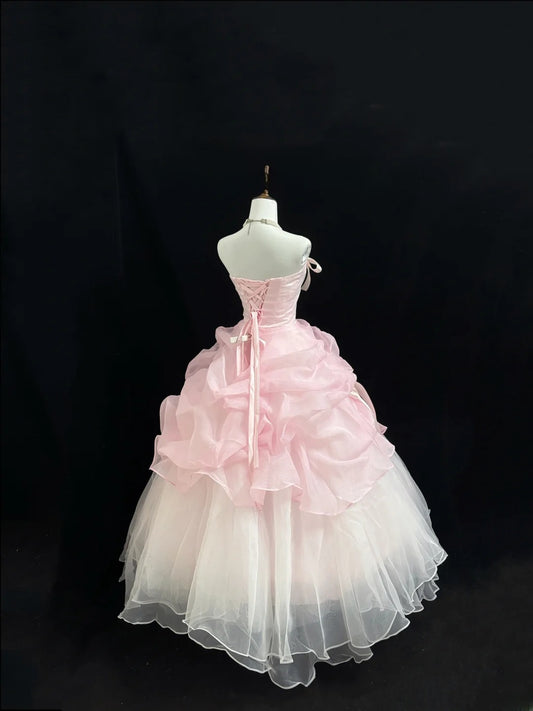 Fairytale Prom Dresses Ball Gown Strapless Pink With Bow Organza Evening Long Formal Dress RB7392