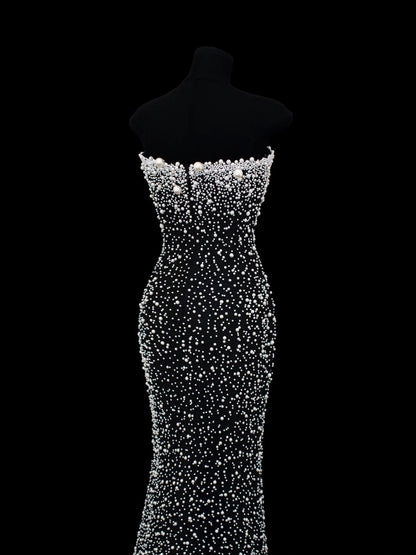 Preiswertes, paillettenbesetztes, elegantes Meerjungfrauen-Kleid im Stil der 1950er Jahre mit Perlenstickerei – ein beeindruckendes langes Ballkleid für festliche Anlässe und Partys (SA018).